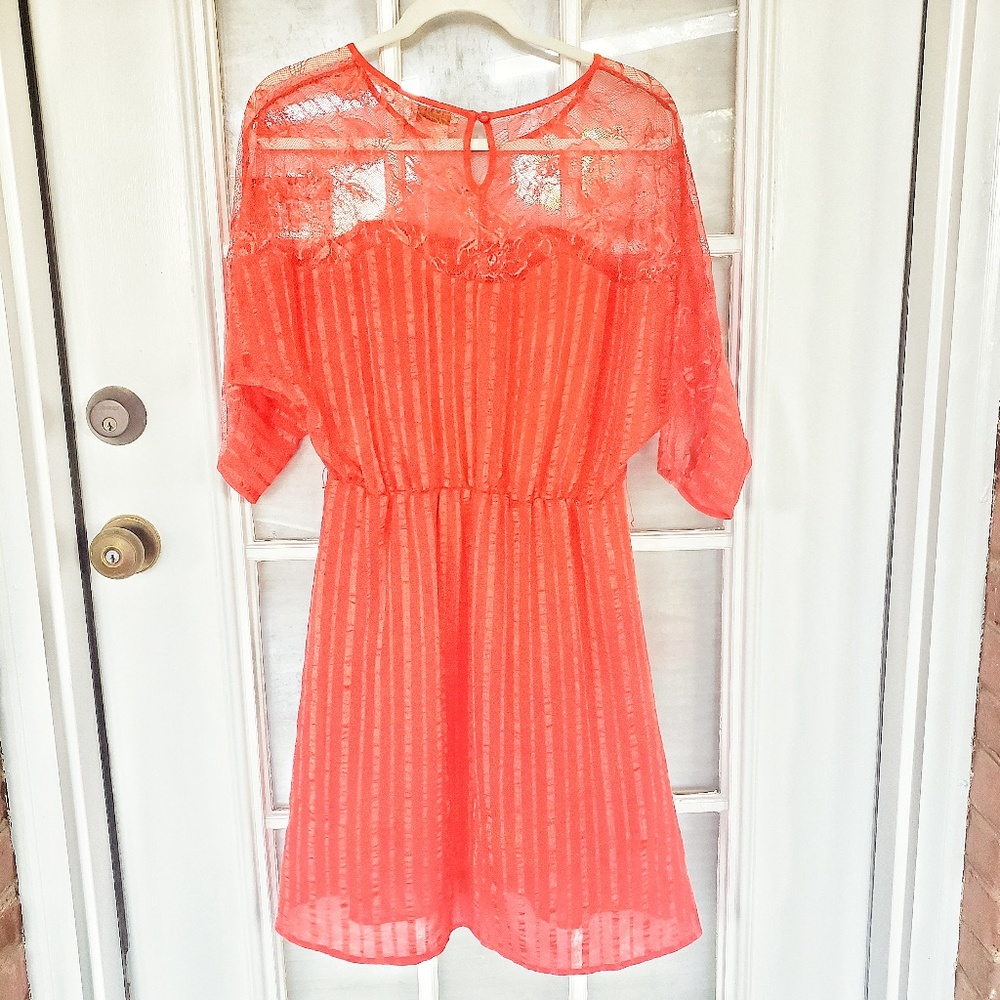 Flying Tomato Orange Textured Dress with Lace